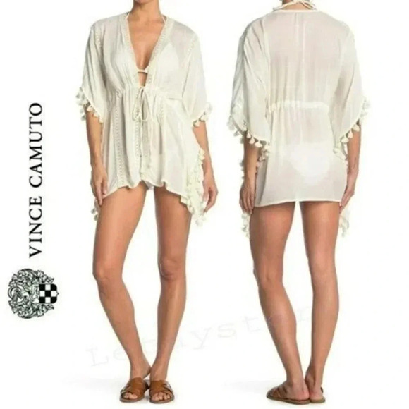 VINCE CAMUTO KIMONO SZ O/S WHITE TIE-FRONT COVER-UP TOP WITH TASSELS BOHO - Picture 5 of 11